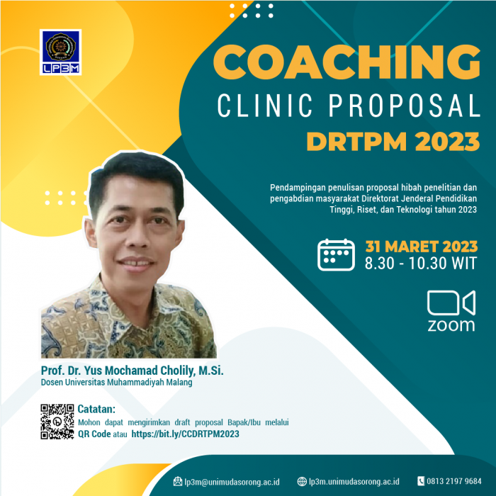 COACHING CLINIC PENYUSUNAN PROPOSAL HIBAH PENELITIAN DAN PENGABDIAN DRTPM 2023